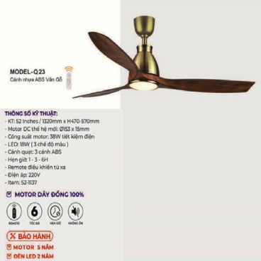 MODEL - Q23: Quạt trần đèn LED 3 cánh nhựa ABS màu Vân Gỗ