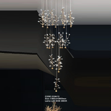 CODE: 2306/19: Đèn thả 19 chao lá Phale LED - KT: Ø800mm x H3000mm - Đèn LED 84W ánh sáng vàng 3000K