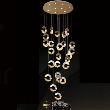 CODE: 2309/25: Đèn thả 25 vòng đèn LED - KT: Ø800mm x H3000mm - Đèn LED 102W đổi 3 màu