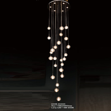 CODE: 2333/25: Đèn thả 25 chao bi tròn LED - KT: Ø600mm x H3000mm - Đèn LED 118W ánh sáng vàng 3000K