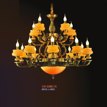 VE - CĐ - 2380/15: Đèn chùm đồng chao đá 15 tay - KT: Ø930mm x H800mm - Bóng đèn E14 x 15 bóng + Bóng đèn E27