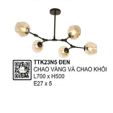 TTK23N5 Đen: Đèn chùm thả 5 bóng - KT: L700mm x H500mm - Bóng đèn E27 x 5 bóng