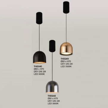 THD24: Đèn thả đơn LED ( chao màu vàng/xám/đen) - KT: Ø80mm x H70mm ( Dây treo dài 2M) - Đèn LED ánh sáng vàng 3000K