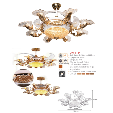 QVifa - 24: Quạt trần đèn LED cánh nhựa, chao thủy tinh, xi vàng