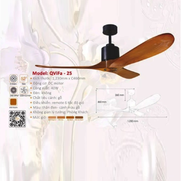 QViFa - 25: Quạt trần 3 cánh gỗ tự nhiên