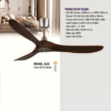 MODEL - Q25: Quạt trần 3 cánh gỗ tự nhiên