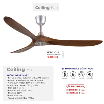 MODEL - Q.26: Quạt trần 3 cánh gỗ