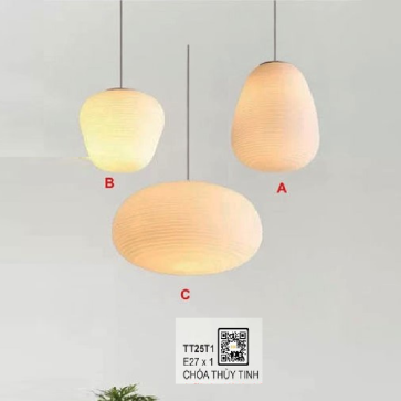 TT25T1: Đén thả đơn chóa thủy tinh ( Mẫu C) - KT: Ø340mm x H190mm - Đèn E27 x 1 bóng