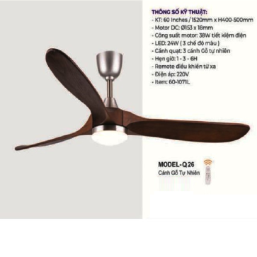 MODEL - Q26: Quạt trần đèn LED 3 cánh gỗ tự nhiên