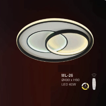 E - ML - 26: Đèn áp trần LED Mica - KT: Ø490mm x H60mm - Đèn LED 60W ánh sáng đổi 3 màu - Remote