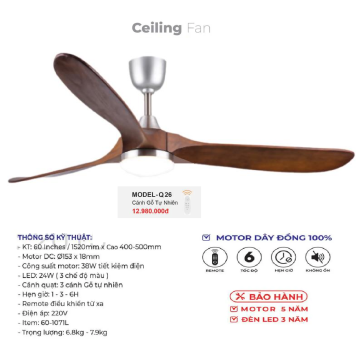 MODEL - Q.26: Quạt trần đèn 3 cánh gỗ