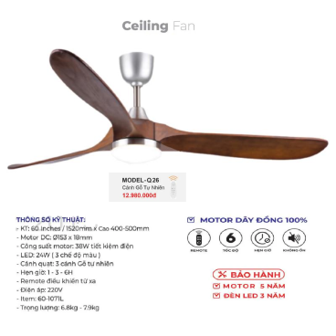 MODEL - Q.26: Quạt trần đèn 3 cánh gỗ