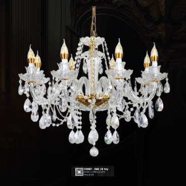 CNQT - 260/8tay: Đèn chùm nến 8 tay - KT: Ø700mm x H900mm - Bóng đèn nến chân E14 x 8 bóng