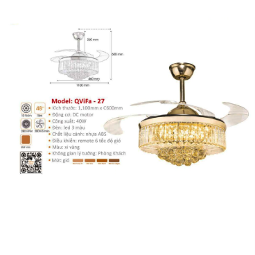 QViFa  - 27: Quạt trần đèn LED Phale cánh nhựa xếp