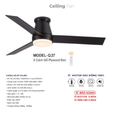 MODEL - Q27: Quạt trần đèn 3 cánh gỗ
