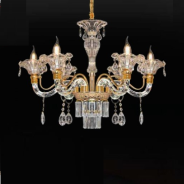 CNQT - 276: Đèn chùm nến 6 tay, chao thủy tinh - KT: Ø700mm x H900mm - Bóng đèn nến E14 x 6 bóng