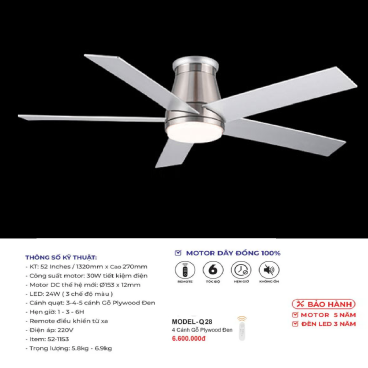 MODEL - Q.28: Quạt trần đèn 5 cánh gỗ