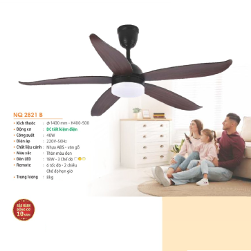 NQ 2821B: Quạt trần đèn LED 5 cánh - KT: Ø1400mm x H400mm + 500mm  - Đèn LED