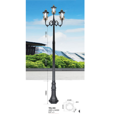 TRỤ 288: Đèn trụ sân vườn chất liệu hợp kim 3 bóng - Cao 4000mm
