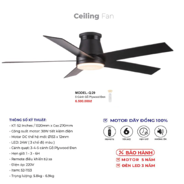 MODEL - Q.29: Quạt trần đèn 5 cánh gỗ