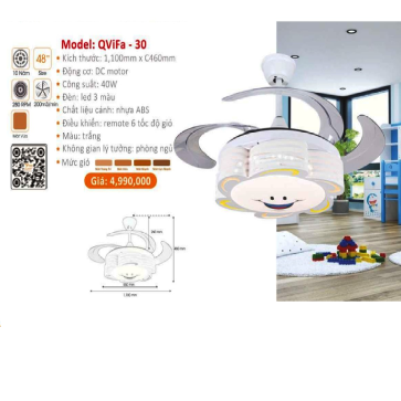 QViFa  - 30: Quạt trần đèn LED Phale cánh nhựa xếp