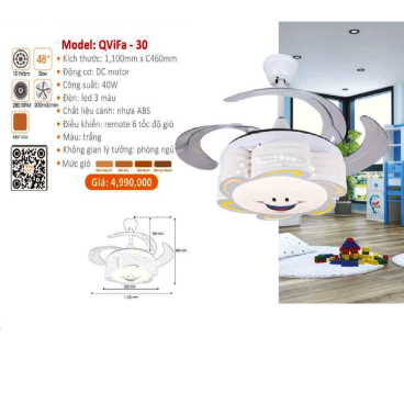 QViFa  - 30: Quạt trần đèn LED Phale cánh nhựa xếp