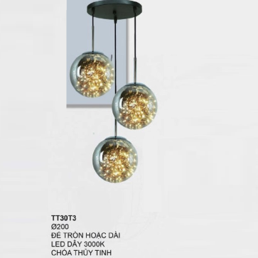 TT30T3: Bộ thả 3 bóng chao thủy tinh - KT: Ø200mm - Sử dụng đế tròn hoặc đế dài - Đèn LED dây ánh sáng vàng 3000K