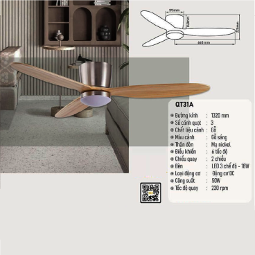 QT31A: Quạt trần đèn LED 3 cánh gỗ