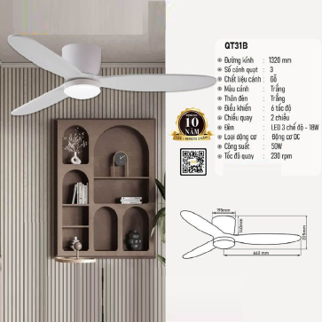 QT31B: Quạt trần đèn LED 3 cánh gỗ