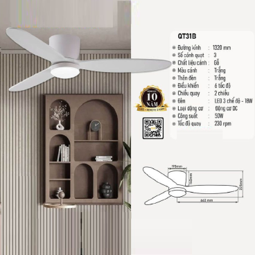QT31B: Quạt trần đèn LED 3 cánh gỗ