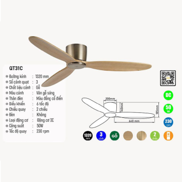 QT31C: Quạt trần đèn LED 3 cánh gỗ