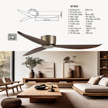 QT31D: Quạt trần đèn LED 3 cánh nhựa