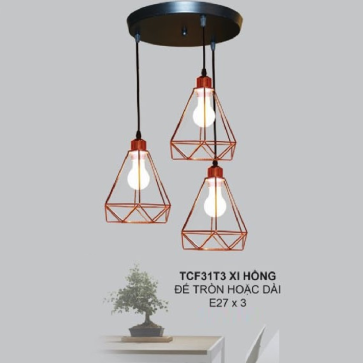 TCF31T3 Xi Hồng: Đèn thả 3 - Sử dụng đế tròn hoặc Đế dài - Đèn E27 x 3 bóng