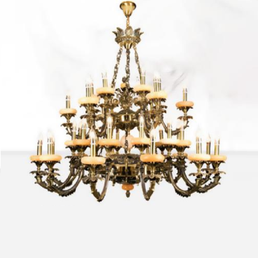 E - CD - 322/20+5: Đèn chùm đồng 25 tay, chao đá - KT: Ø1100mm x H1080mm + 500mm  -  Bóng đèn E14 x 25 bóng