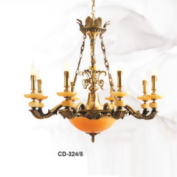 E - CD -324/8: Đèn chùm đồng 8 tay chao đá - KT: Ø860mm x H600mm + 500mm - Bóng đèn E14 x 8 bóng + E27 x 3 bóng