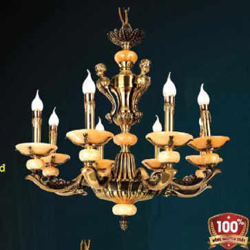 VER - CĐN 3260/8: Chùm đồng 8 tay, chao đá - KT: Ø 780mm x H680mm - Bóng đèn chân E 14 x 8 bóng