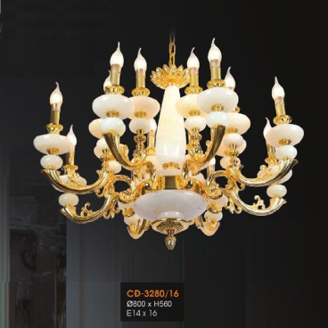 VE - CĐ - 3280/16: Đèn chùm đồng chao đá 16 tay - KT: Ø800mm x H560mm - Bóng đèn E14 x 16 bóng