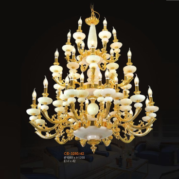 VE - CĐ - 3280/42: Đèn chùm đồng chao đá 42 tay - KT: Ø1080mm x H1200mm - Bóng đèn E14 x 42 bóng