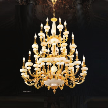 E - CD - 333/42: Đèn chùm đồng, chao đá 42 tay - KT: Ø1070mm x H1200mm + 500mm -  Bóng đèn nến E14 x 42 bóng + Đèn LED