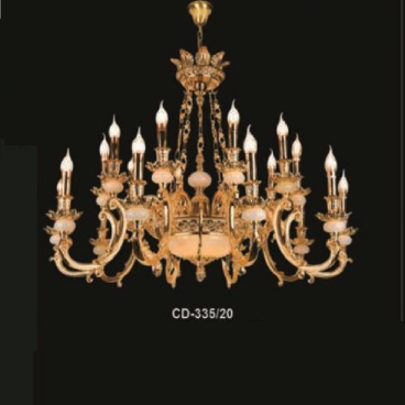 E - CD - 335/20: Đèn chùm đồng 20 tay, chao đá - KT: Ø1030mm x H800mm + 500mm -  Bóng đèn nến E14 x 20 bóng + Đèn LED