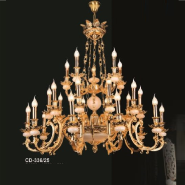E - CD - 336/25: Đèn chùm đồng 25 tay, chao đá - KT: Ø1030mm x H950mm + 500mm -  Bóng đèn nến E14 x 25 bóng + Đèn LED
