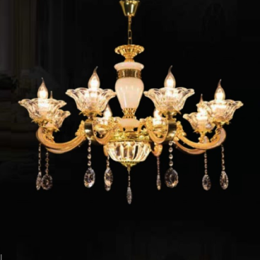 CNQT - 339: Đèn chùm nến 8 tay, chao thủy tinh - KT: Ø800mm x H800mm - Bóng đèn nến E14 x 8 bóng