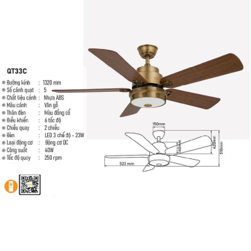 QT33C: Quạt trần đèn LED 5 cánh nhựa