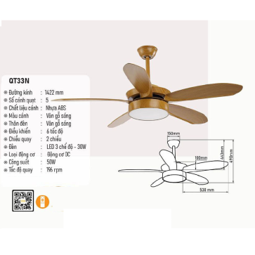 QT33N: Quạt trần đèn LED 5 cánh nhựa