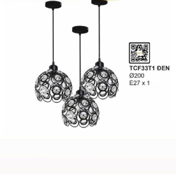 TCF33T1 Đen: Đèn thả đơn chao đính hạt thủy tinh - KT: Ø200mm - Đèn E27 x 1 bóng