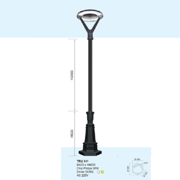 TRỤ - 341: Đèn trụ sân vườn chất liệu hợp kim - Đèn LED - Ánh sáng trắng/vàng