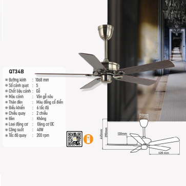 QT34B: Quạt trần  5 cánh gỗ