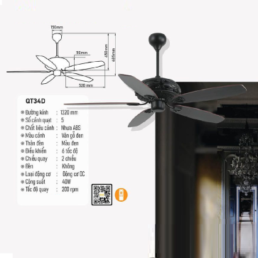 QT34D: Quạt trần  5 cánh nhựa