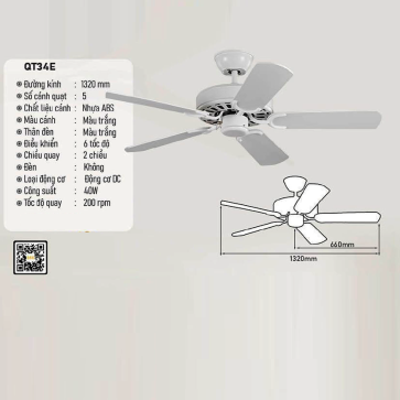 QT34E: Quạt trần  5 cánh nhựa
