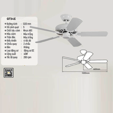 QT34E: Quạt trần  5 cánh nhựa
